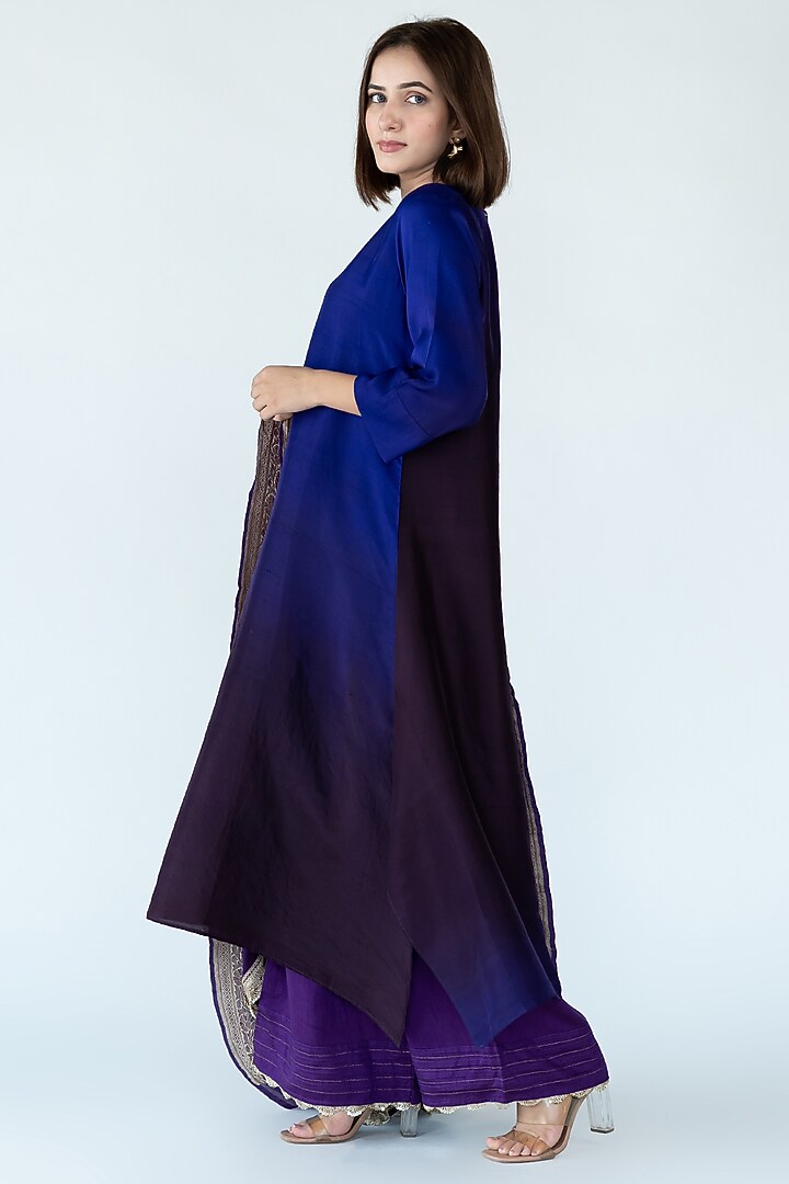 Deep Purple Pure Silk Asymmetrical Ombre Kurta by Meghna Panchmatia at Pernia's Pop Up Shop