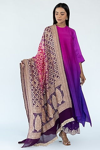 Brinjal Burgundy Pure Silk Asymmetrical Ombre Kurta by Meghna Panchmatia
