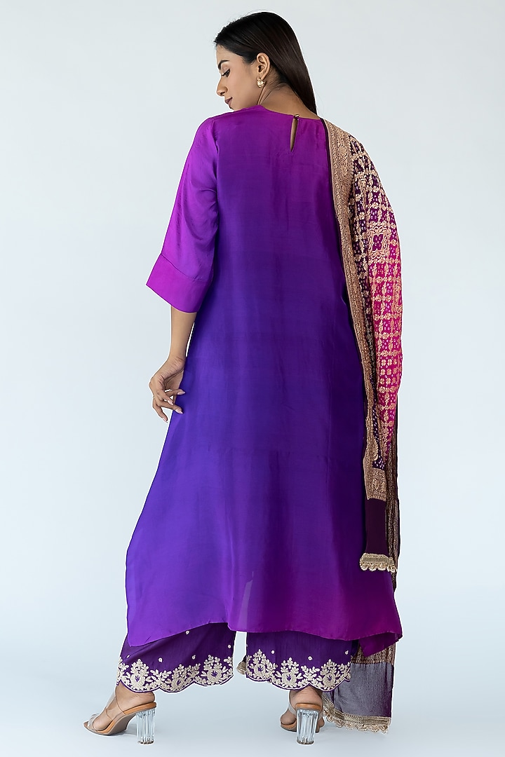 Brinjal Burgundy Pure Silk Asymmetrical Ombre Kurta by Meghna Panchmatia at Pernia's Pop Up Shop