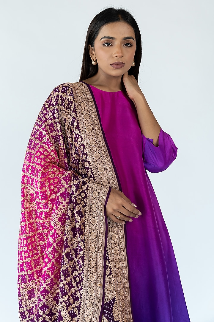 Brinjal Burgundy Pure Silk Asymmetrical Ombre Kurta by Meghna Panchmatia at Pernia's Pop Up Shop