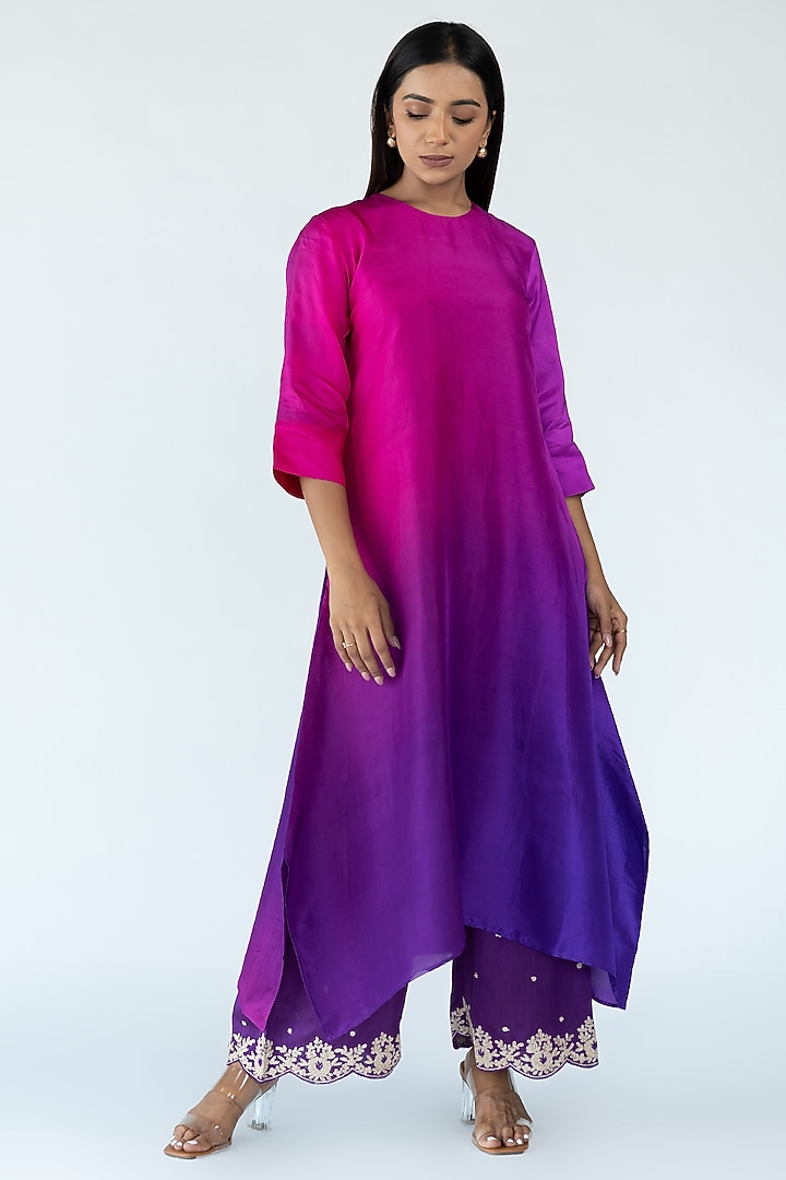 Brinjal Burgundy Pure Silk Asymmetrical Ombre Kurta by Meghna Panchmatia at Pernia's Pop Up Shop