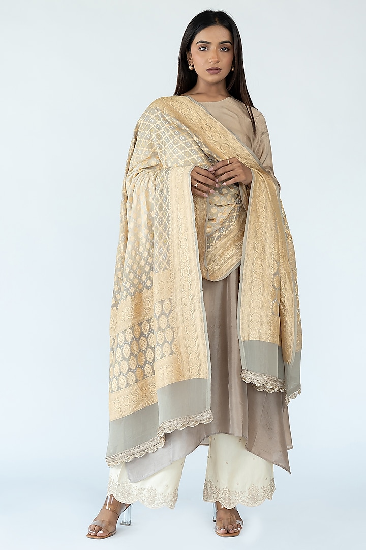 Dark Ivory Pure Silk Asymmetrical Ombre Kurta by Meghna Panchmatia