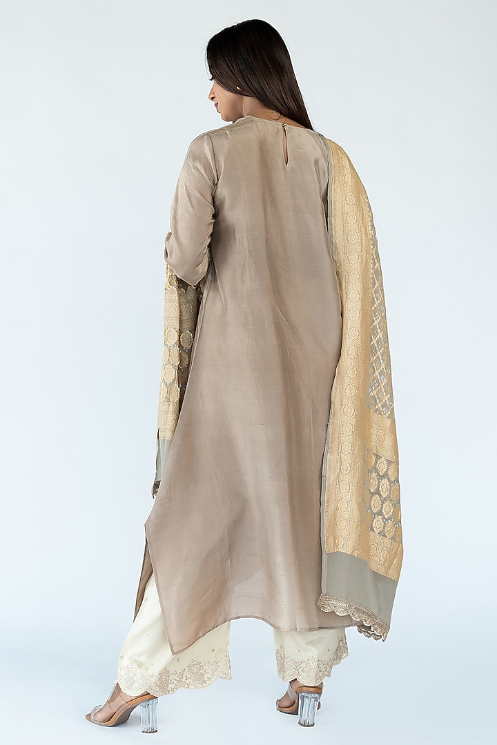 Dark Ivory Pure Silk Asymmetrical Ombre Kurta by Meghna Panchmatia at Pernia's Pop Up Shop