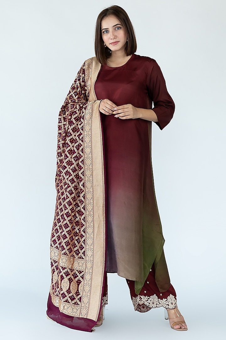 Olive Navy Maroon Pure Silk Asymmetrical Ombre Kurta by Meghna Panchmatia at Pernia's Pop Up Shop