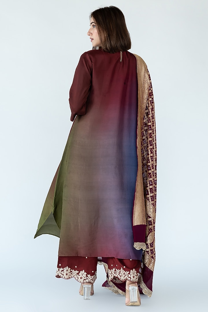Olive Navy Maroon Pure Silk Asymmetrical Ombre Kurta by Meghna Panchmatia at Pernia's Pop Up Shop