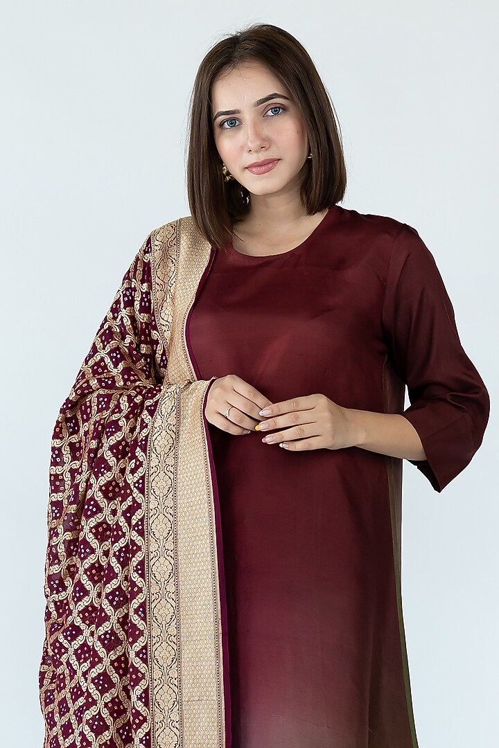 Olive Navy Maroon Pure Silk Asymmetrical Ombre Kurta by Meghna Panchmatia at Pernia's Pop Up Shop