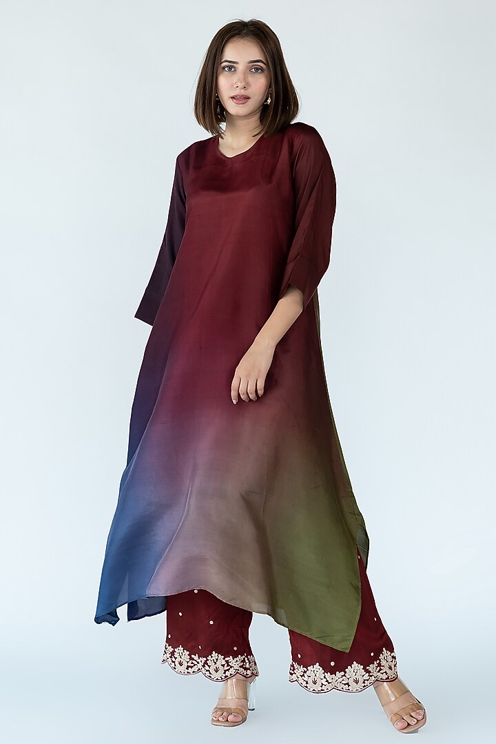 Olive Navy Maroon Pure Silk Asymmetrical Ombre Kurta by Meghna Panchmatia at Pernia's Pop Up Shop