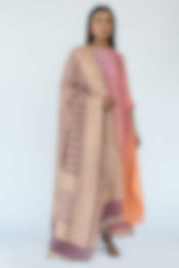 Grey Peach Mauve Pure Silk Asymmetrical Ombre Kurta by Meghna Panchmatia