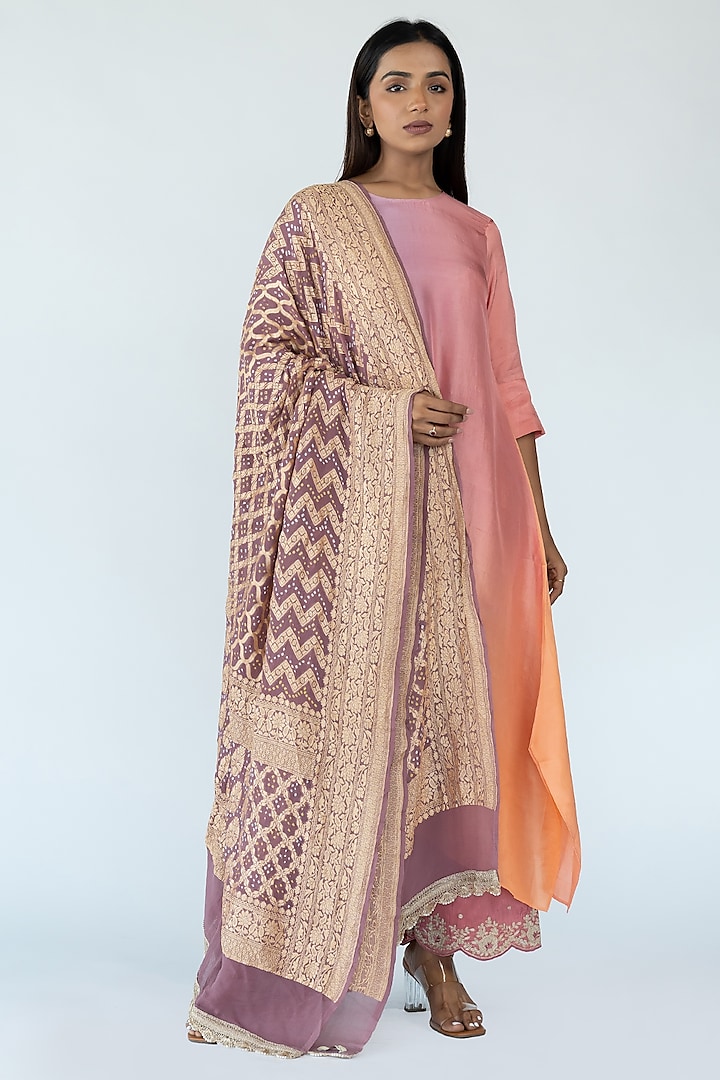 Grey Peach Mauve Pure Silk Asymmetrical Ombre Kurta by Meghna Panchmatia