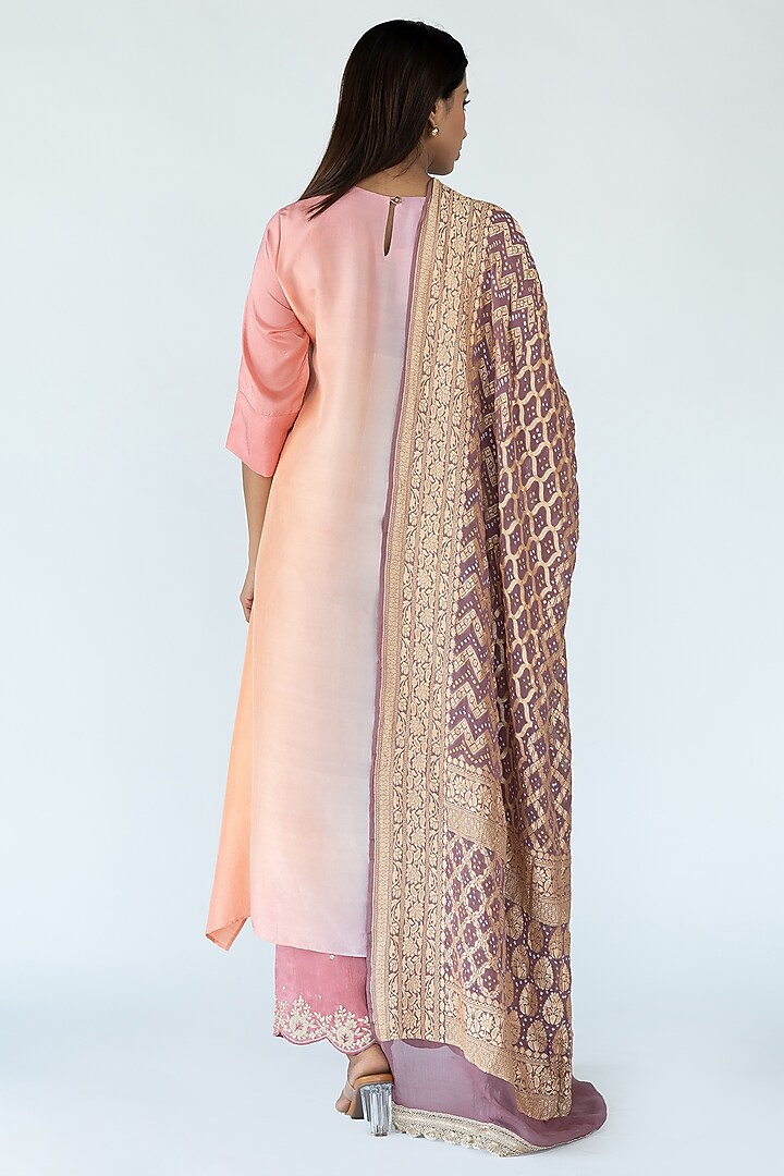 Grey Peach Mauve Pure Silk Asymmetrical Ombre Kurta by Meghna Panchmatia at Pernia's Pop Up Shop