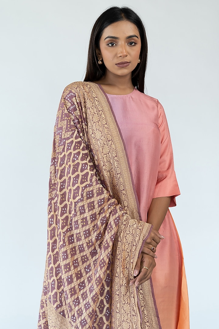 Grey Peach Mauve Pure Silk Asymmetrical Ombre Kurta by Meghna Panchmatia at Pernia's Pop Up Shop