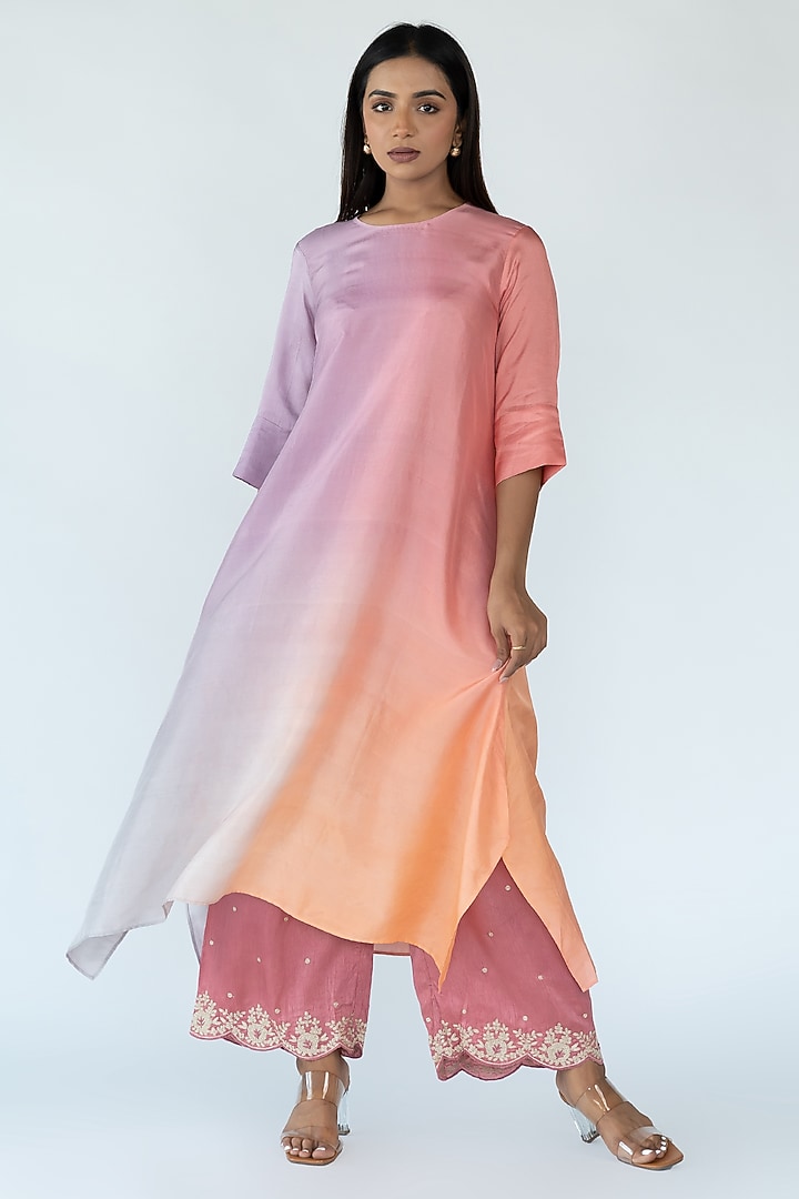 Grey Peach Mauve Pure Silk Asymmetrical Ombre Kurta by Meghna Panchmatia at Pernia's Pop Up Shop