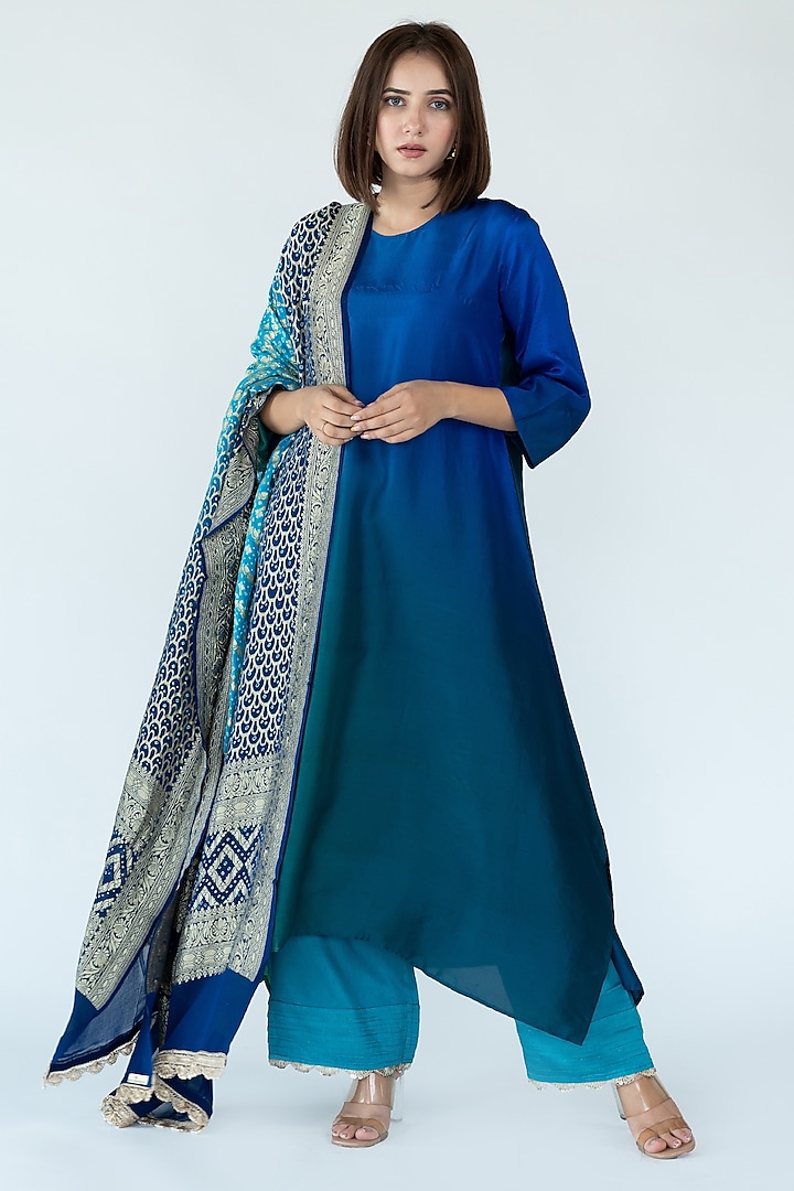 Green & Blue Pure Silk Asymmetrical Ombre Kurta by Meghna Panchmatia at Pernia's Pop Up Shop