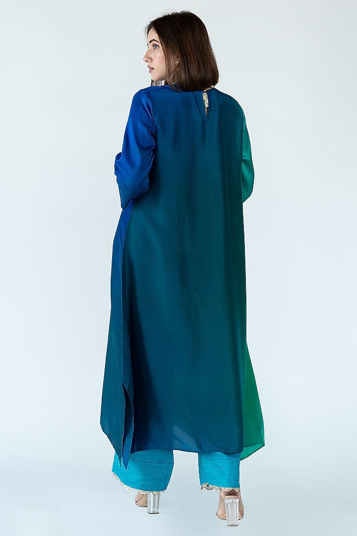 Green & Blue Pure Silk Asymmetrical Ombre Kurta by Meghna Panchmatia at Pernia's Pop Up Shop