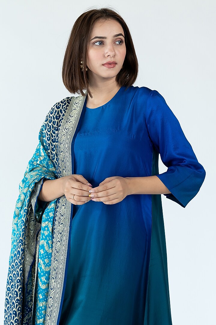 Green & Blue Pure Silk Asymmetrical Ombre Kurta by Meghna Panchmatia at Pernia's Pop Up Shop