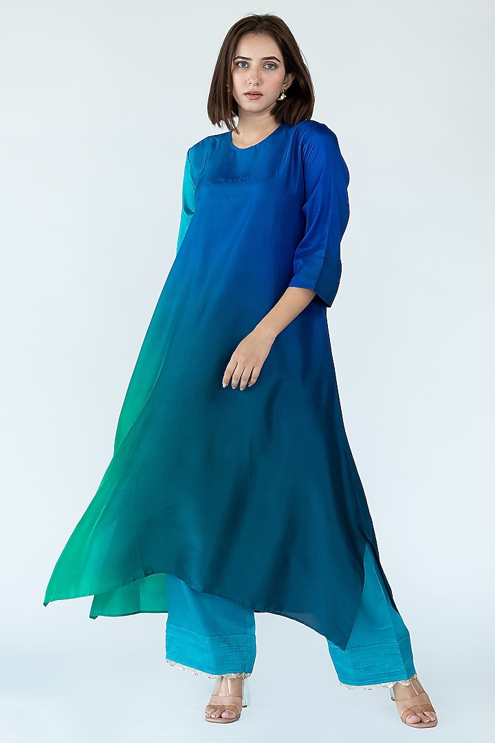 Green & Blue Pure Silk Asymmetrical Ombre Kurta by Meghna Panchmatia at Pernia's Pop Up Shop