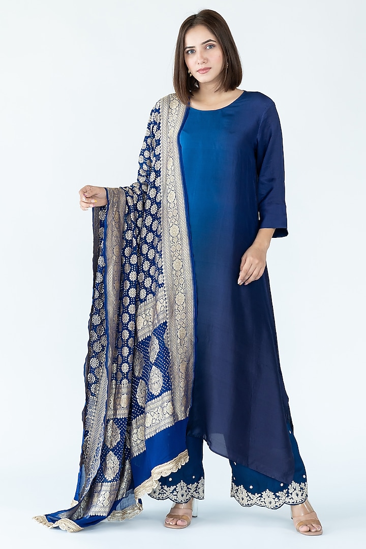 Royal Navy Pure Silk Asymmetrical Ombre Kurta by Meghna Panchmatia