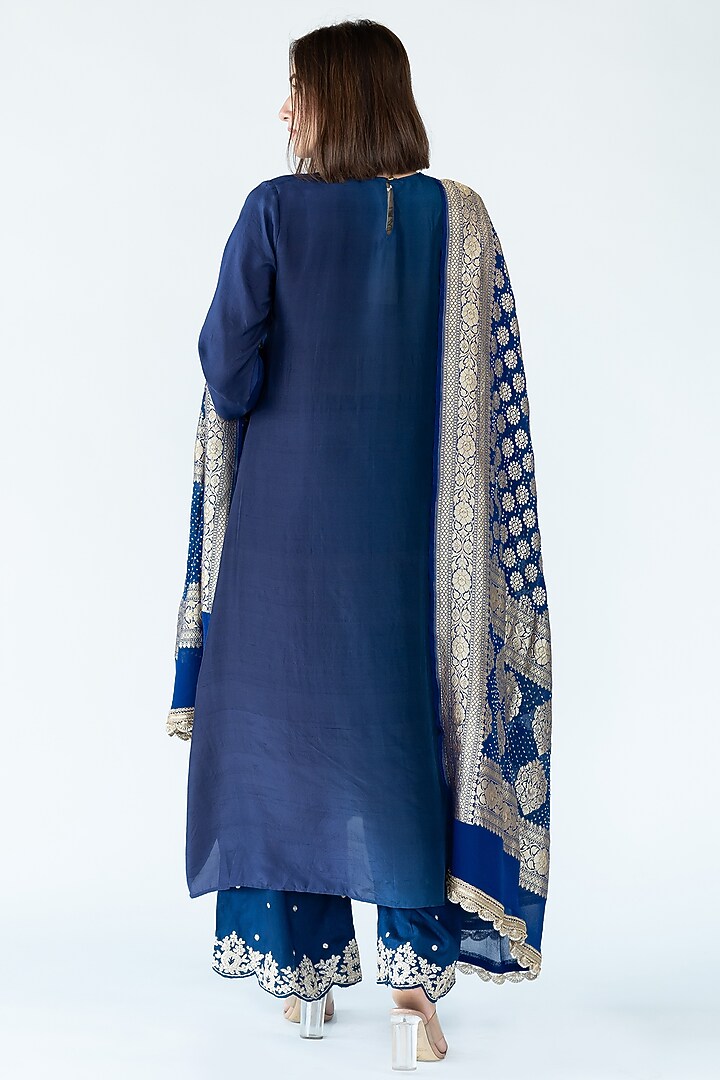 Royal Navy Pure Silk Asymmetrical Ombre Kurta by Meghna Panchmatia at Pernia's Pop Up Shop