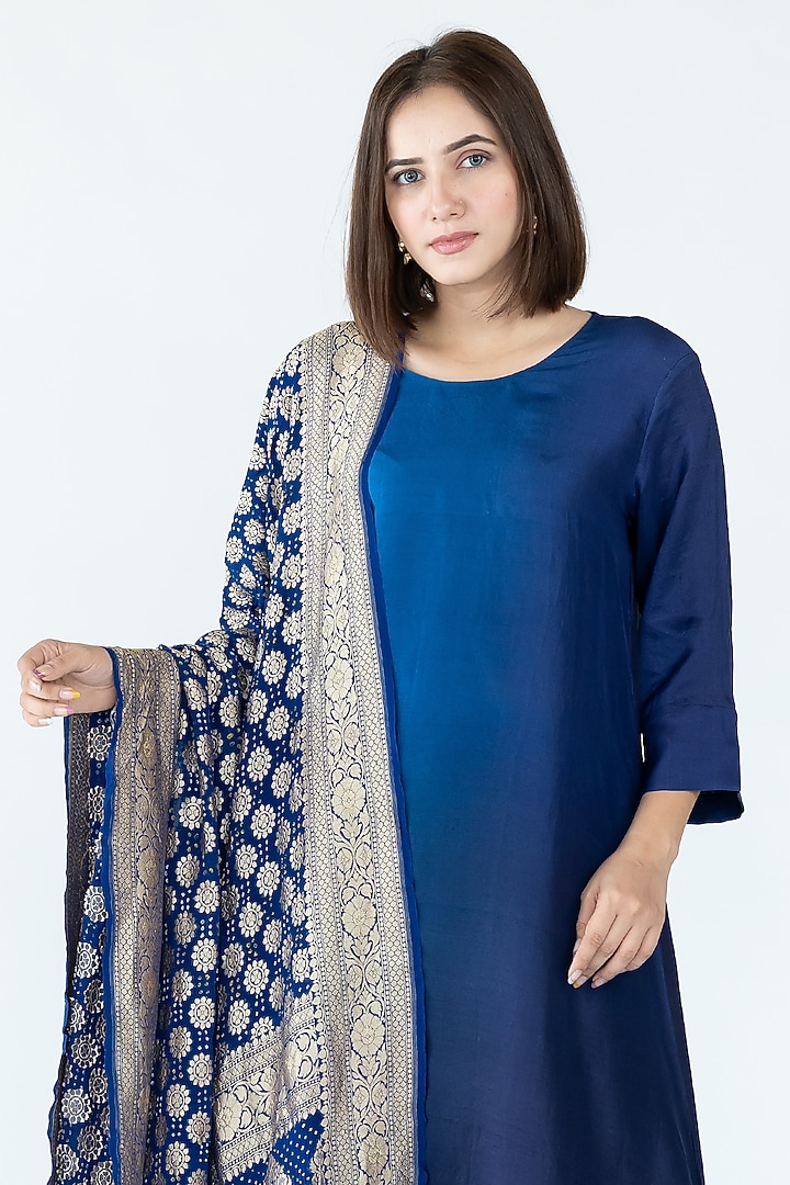 Royal Navy Pure Silk Asymmetrical Ombre Kurta by Meghna Panchmatia at Pernia's Pop Up Shop
