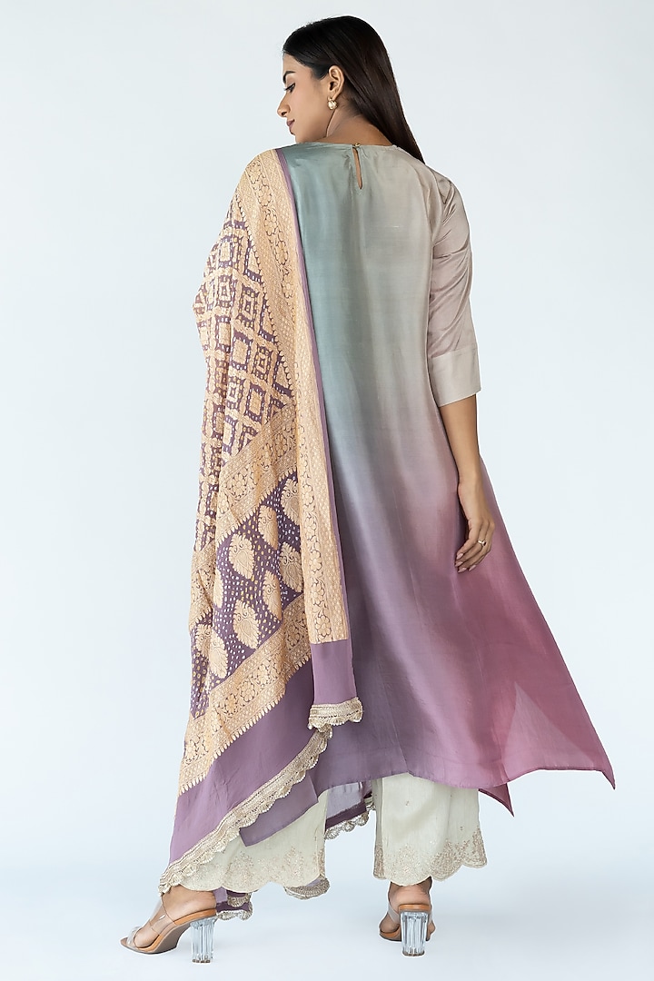 Sage Green & Mustard Pure Silk Asymmetrical Ombre Kurta by Meghna Panchmatia at Pernia's Pop Up Shop