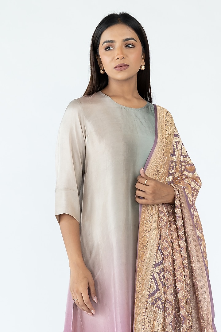 Sage Green & Mustard Pure Silk Asymmetrical Ombre Kurta by Meghna Panchmatia at Pernia's Pop Up Shop
