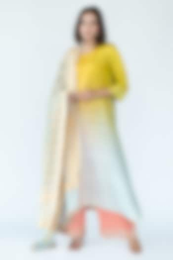 Yellow & Pista Green Pure Silk Asymmetrical Ombre Kurta by Meghna Panchmatia