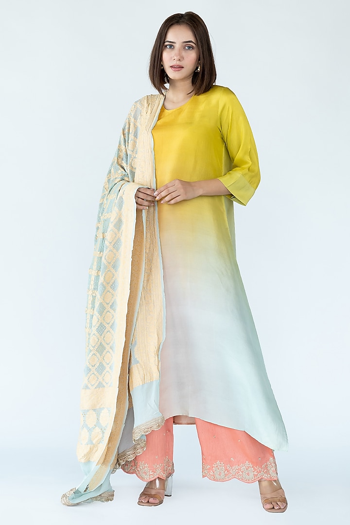 Yellow & Pista Green Pure Silk Asymmetrical Ombre Kurta by Meghna Panchmatia