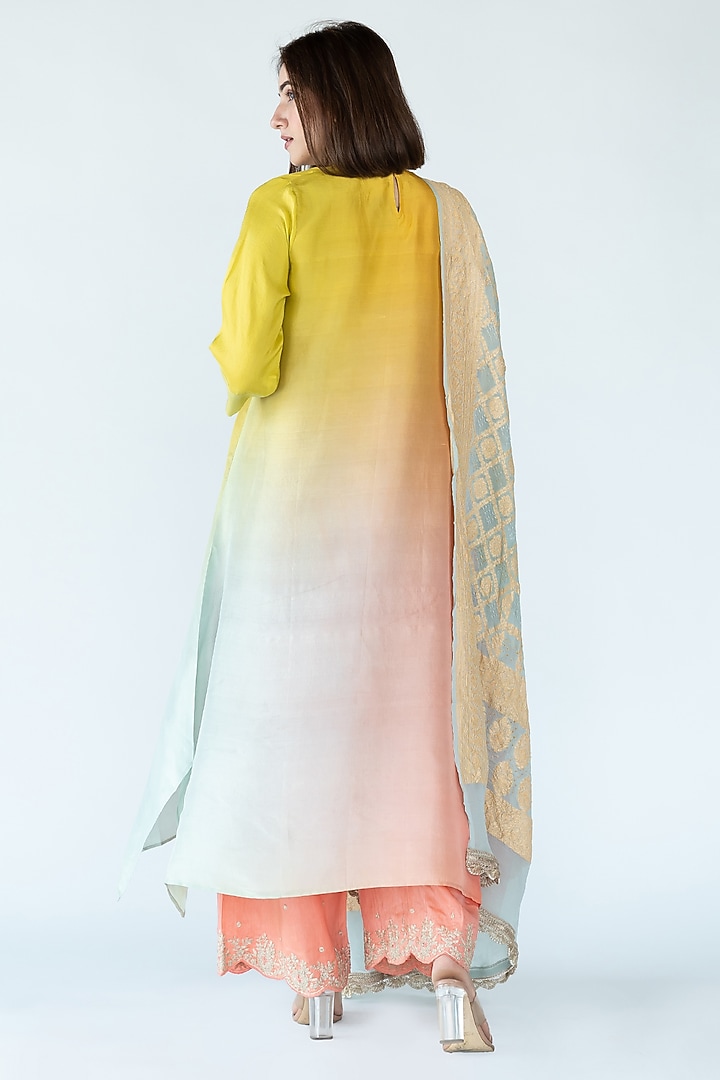 Yellow & Pista Green Pure Silk Asymmetrical Ombre Kurta by Meghna Panchmatia at Pernia's Pop Up Shop
