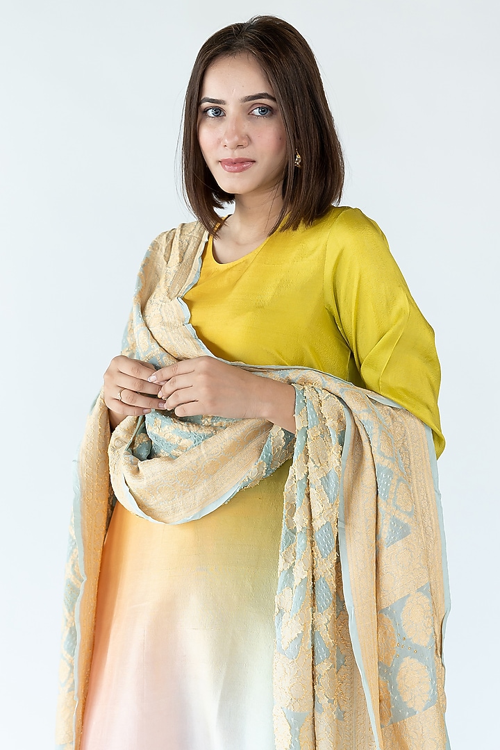 Yellow & Pista Green Pure Silk Asymmetrical Ombre Kurta by Meghna Panchmatia at Pernia's Pop Up Shop