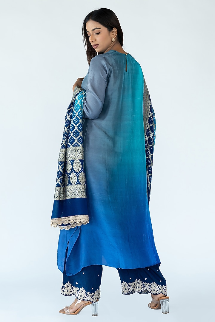 Firozi Grey Pure Silk Asymmetrical Ombre Kurta by Meghna Panchmatia at Pernia's Pop Up Shop