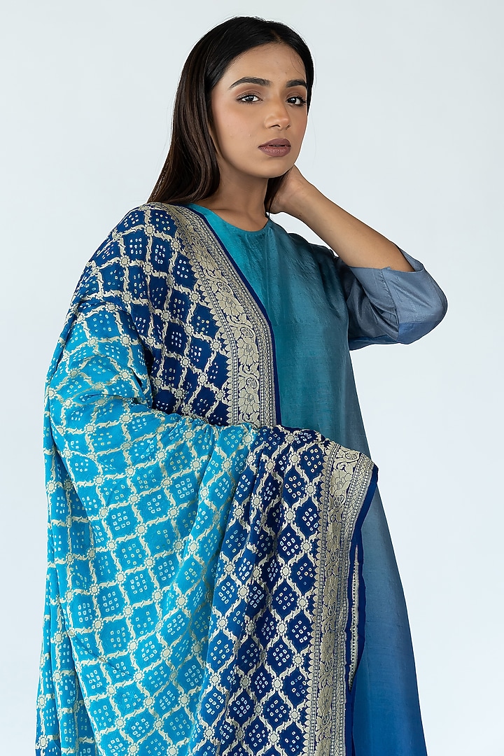 Firozi Grey Pure Silk Asymmetrical Ombre Kurta by Meghna Panchmatia at Pernia's Pop Up Shop
