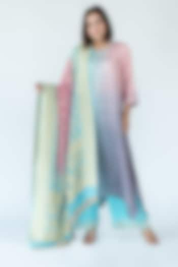 Blue Mauve Grey Pure Silk Asymmetrical Ombre Kurta by Meghna Panchmatia at Pernia's Pop Up Shop