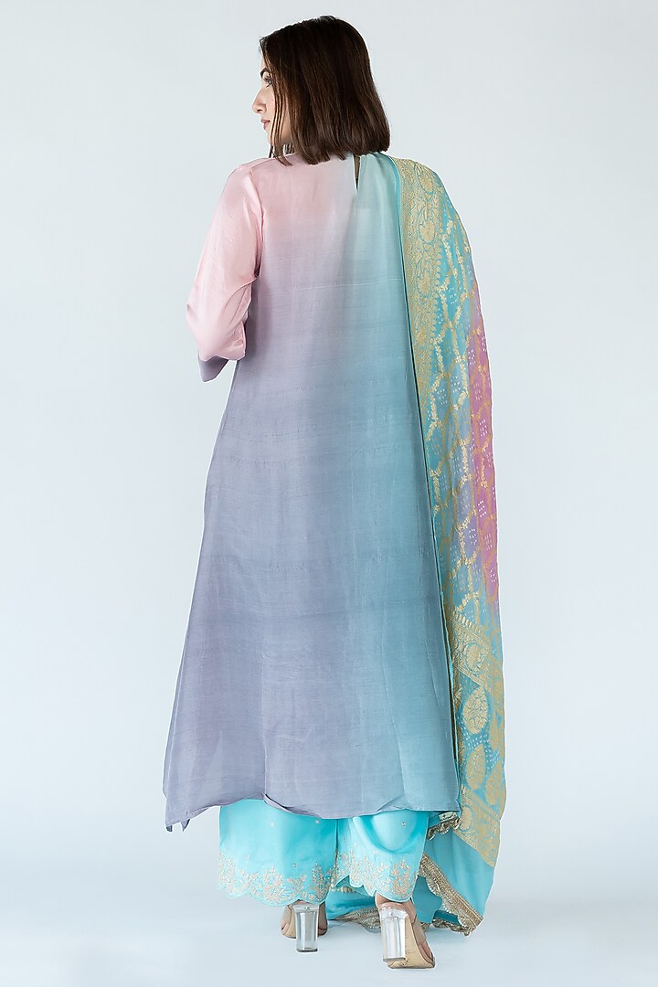Blue Mauve Grey Pure Silk Asymmetrical Ombre Kurta by Meghna Panchmatia at Pernia's Pop Up Shop