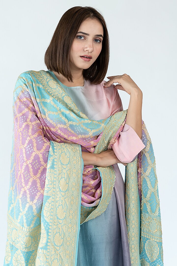 Blue Mauve Grey Pure Silk Asymmetrical Ombre Kurta by Meghna Panchmatia at Pernia's Pop Up Shop