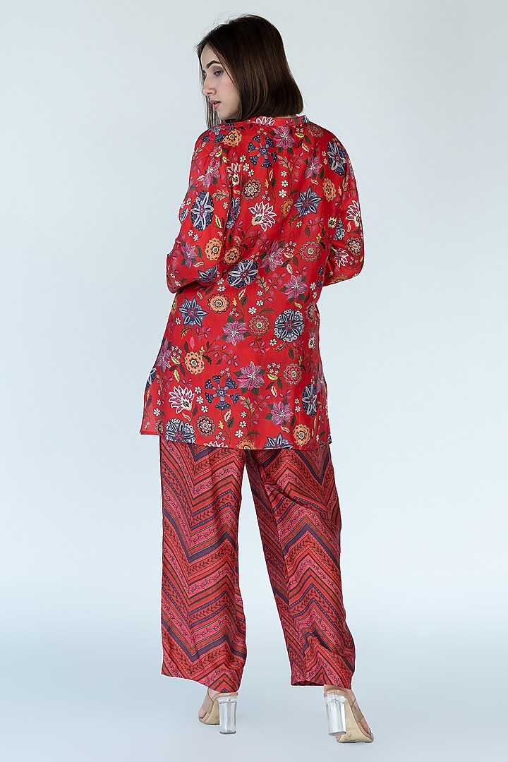 Red Silk Floral Printed & Mirror Embroidered Co-Ord Set by Meghna Panchmatia at Pernia's Pop Up Shop