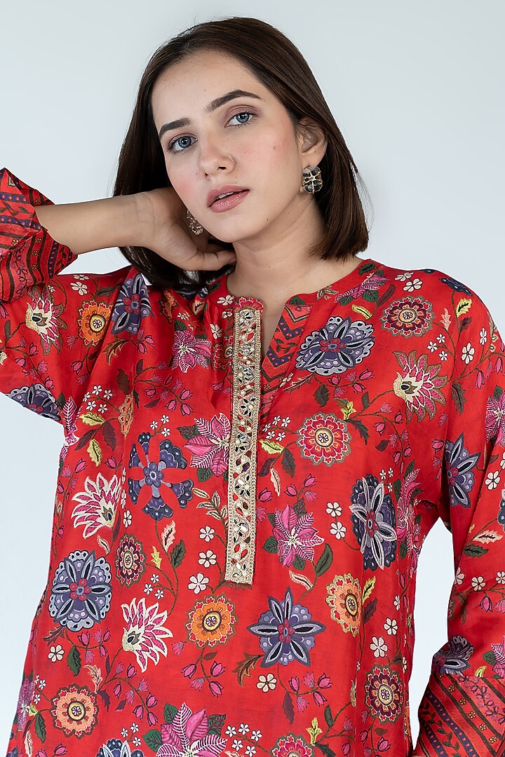 Red Silk Floral Printed & Mirror Embroidered Co-Ord Set by Meghna Panchmatia at Pernia's Pop Up Shop