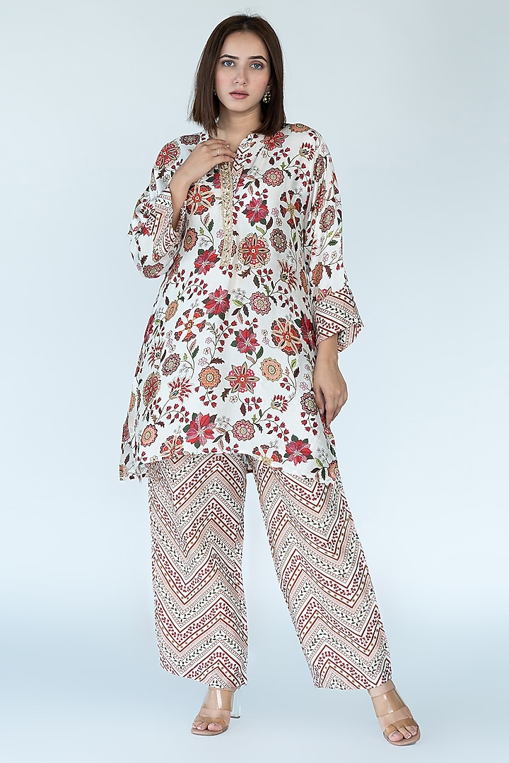 Ivory Silk Floral Printed & Mirror Embroidered Co-Ord Set by Meghna Panchmatia at Pernia's Pop Up Shop