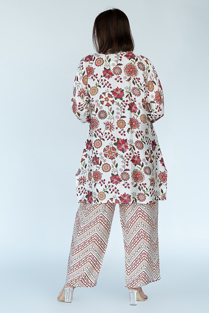 Ivory Silk Floral Printed & Mirror Embroidered Co-Ord Set by Meghna Panchmatia at Pernia's Pop Up Shop