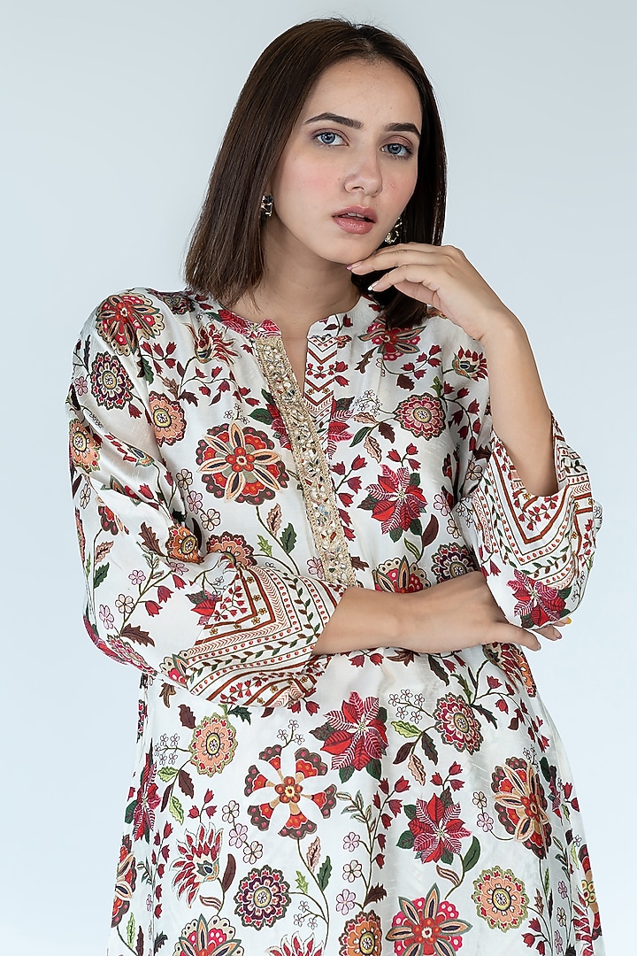 Ivory Silk Floral Printed & Mirror Embroidered Co-Ord Set by Meghna Panchmatia at Pernia's Pop Up Shop