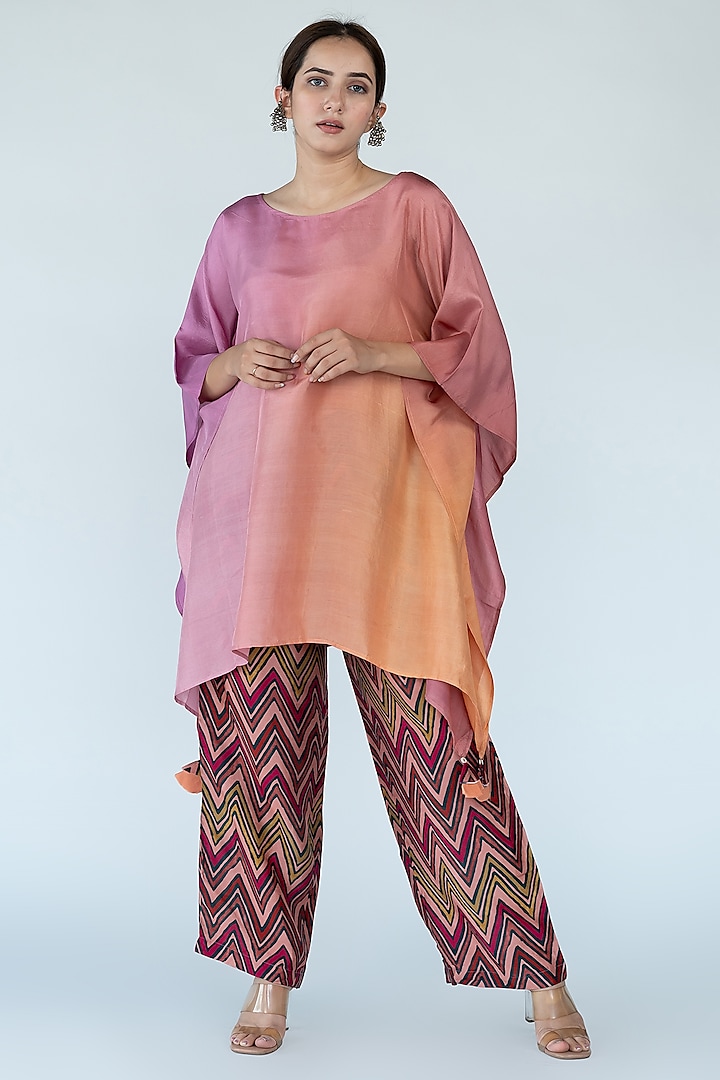 Peach & Mauve Dupion Silk Hand-Dyed Ombre Kaftan Set by Meghna Panchmatia at Pernia's Pop Up Shop