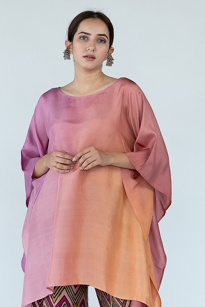 Peach & Mauve Dupion Silk Hand-Dyed Ombre Kaftan Set by Meghna Panchmatia at Pernia's Pop Up Shop