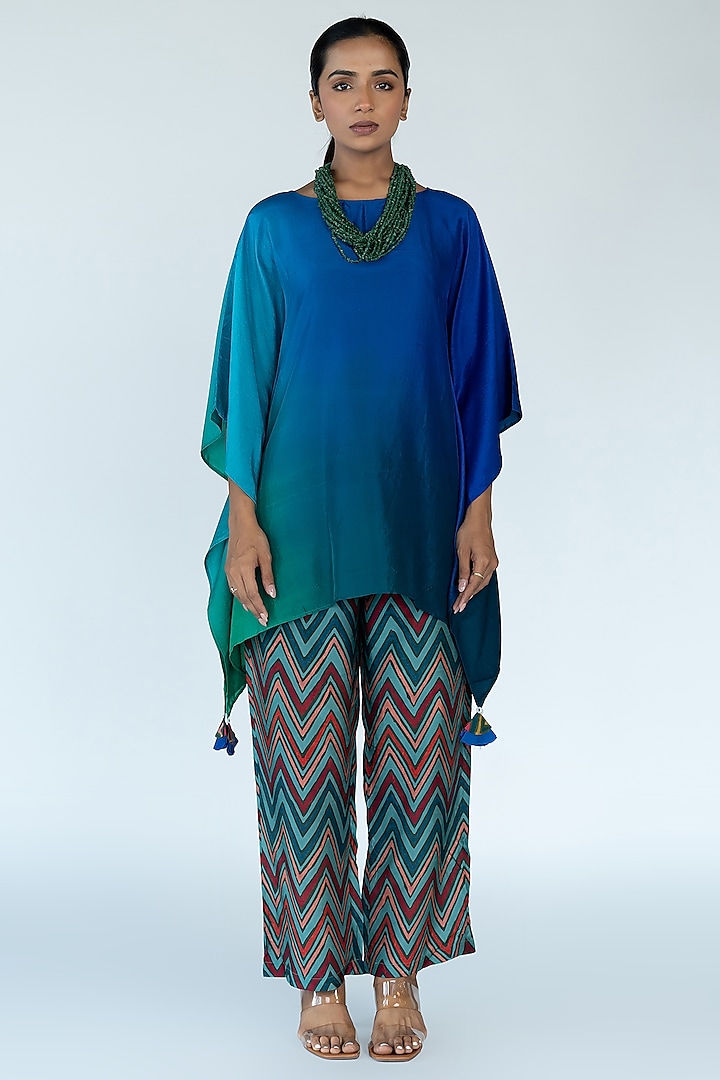 Green & Blue Pure Silk Hand-Dyed Ombre Kaftan Set by Meghna Panchmatia at Pernia's Pop Up Shop