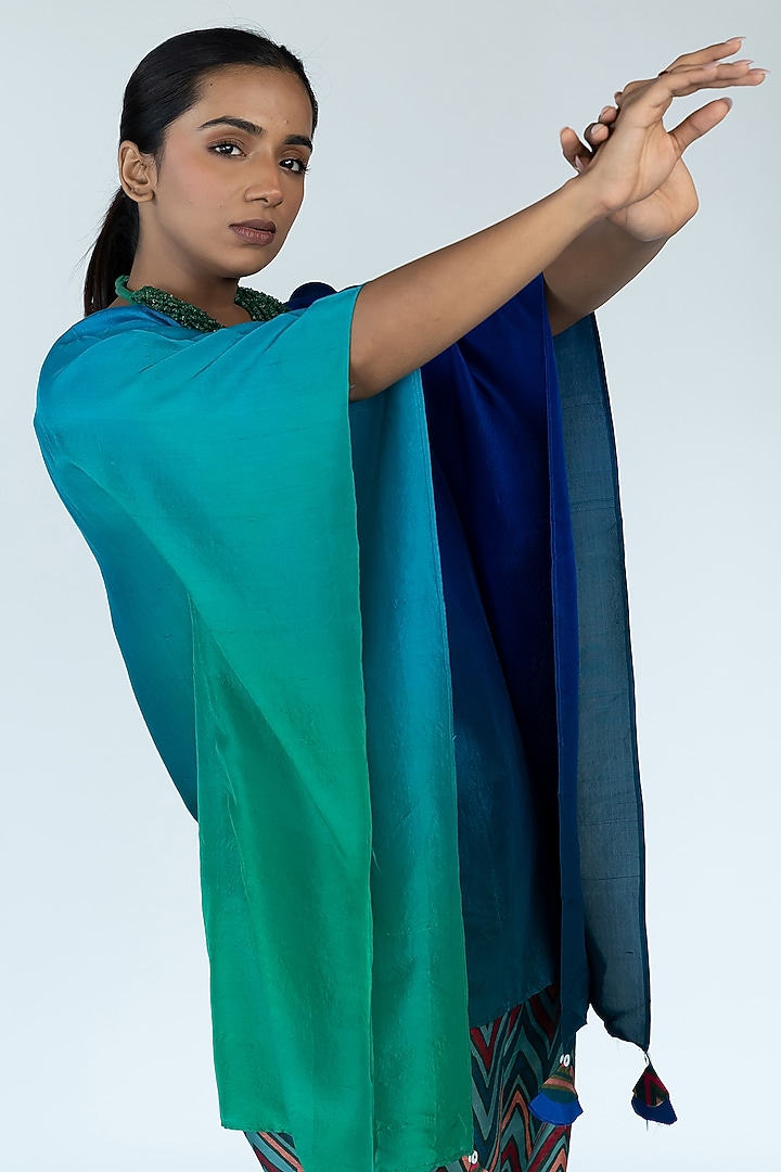 Green & Blue Pure Silk Hand-Dyed Ombre Kaftan Set by Meghna Panchmatia at Pernia's Pop Up Shop