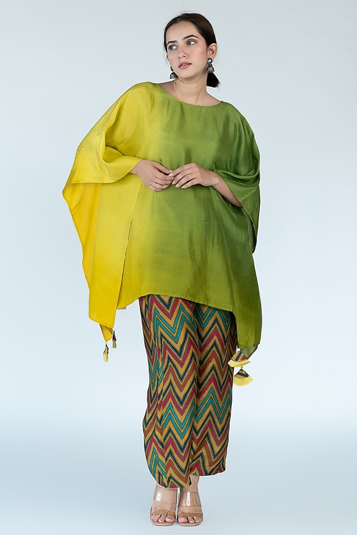 Sage & Mustard Ombre Pure Silk Hand-Dyed Ombre Kaftan Set by Meghna Panchmatia at Pernia's Pop Up Shop