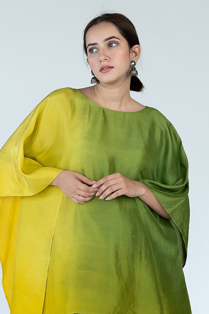 Sage & Mustard Ombre Pure Silk Hand-Dyed Ombre Kaftan Set by Meghna Panchmatia at Pernia's Pop Up Shop