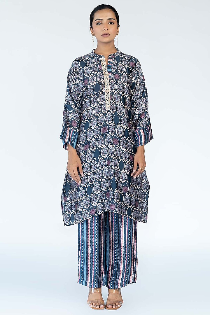 Navy Blue Silk Digital Printed & Mirror Embroidered Co-Ord Set by Meghna Panchmatia at Pernia's Pop Up Shop