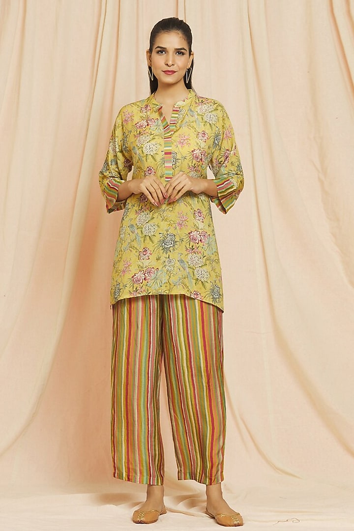 Yellow Cotton Silk Bird Printed Co-Ord Set by Meghna Panchmatia at Pernia's Pop Up Shop