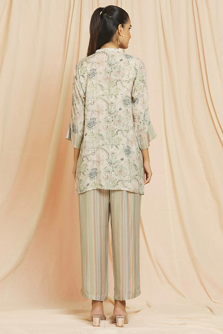 Beige Cotton Silk Bird Printed Co-Ord Set by Meghna Panchmatia at Pernia's Pop Up Shop