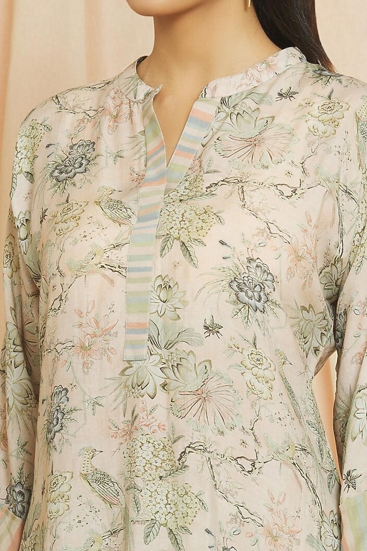 Beige Cotton Silk Bird Printed Co-Ord Set by Meghna Panchmatia at Pernia's Pop Up Shop