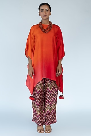 Orange & Red Pure Silk Hand-Dyed Ombre Kaftan Set by Meghna Panchmatia